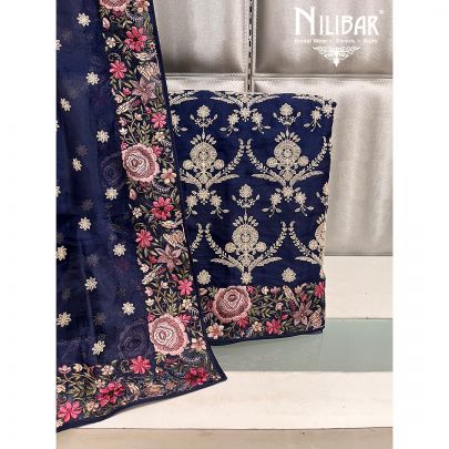 Navy Blue Organza Unstitched Suit
