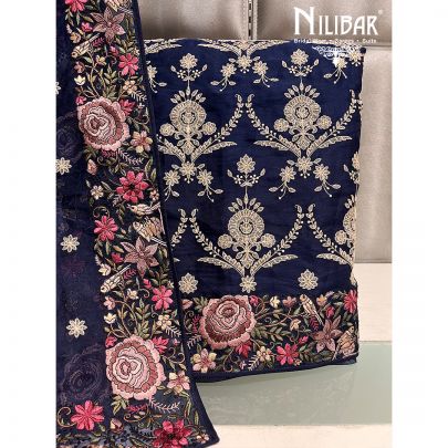 Navy Blue Organza Unstitched Suit