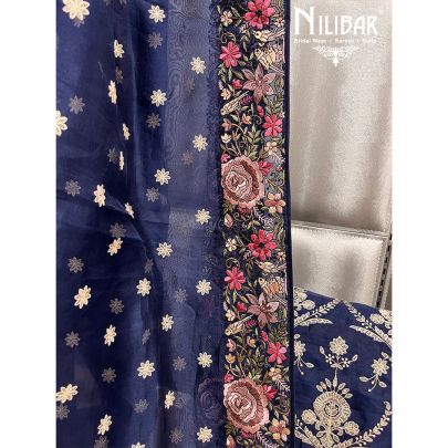 Navy Blue Organza Unstitched Suit