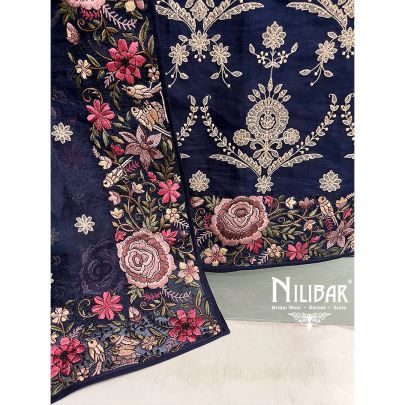 Navy Blue Organza Unstitched Suit
