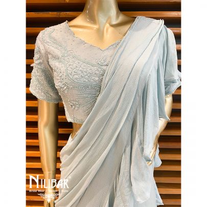 Powder Blue Chinon Drape Style Lehenga
