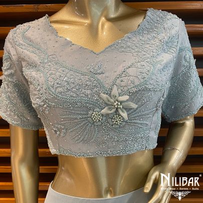 Powder Blue Chinon Drape Style Lehenga
