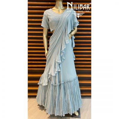 Powder Blue Chinon Drape Style Lehenga