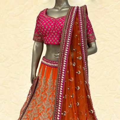 Orange and Magenta Silk Lehenga