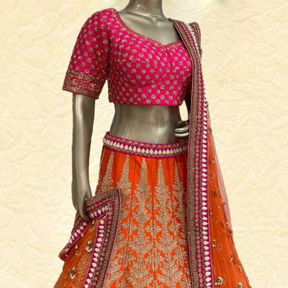 Orange and Magenta Silk Lehenga