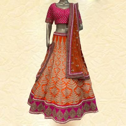 Orange and Magenta Silk Lehenga
