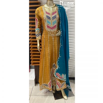 Pine Green Chinon Anarkali Suit
