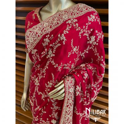 Firebrick Red Satin Bridal Saree