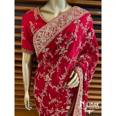 Firebrick Red Satin Bridal Saree