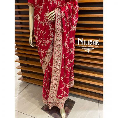 Firebrick Red Satin Bridal Saree