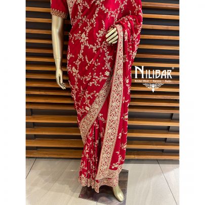 Firebrick Red Satin Bridal Saree