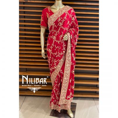 Firebrick Red Satin Bridal Saree