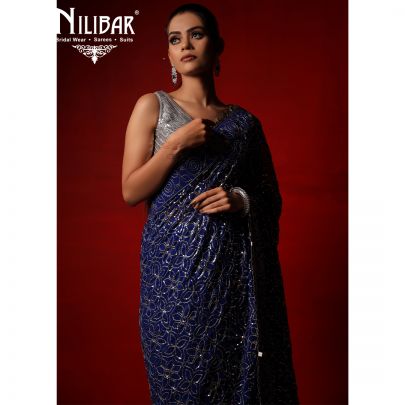 Pure Royal Blue Georgette Saree