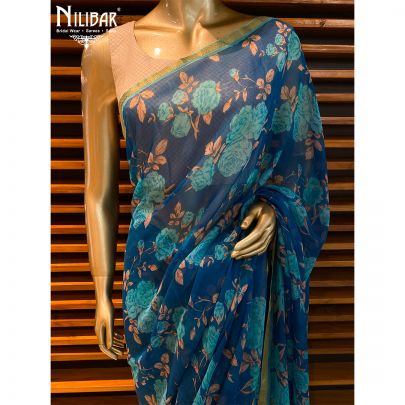 Olympic Blue Chiffon Printed Saree