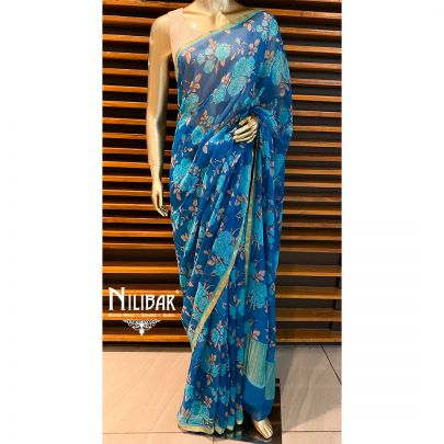Olympic Blue Chiffon Printed Saree