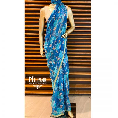 Olympic Blue Chiffon Printed Saree