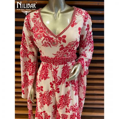 Cream White and Red Georgette  Floral Jumpsuit