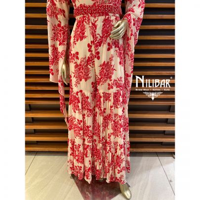 Cream White and Red Georgette  Floral Jumpsuit