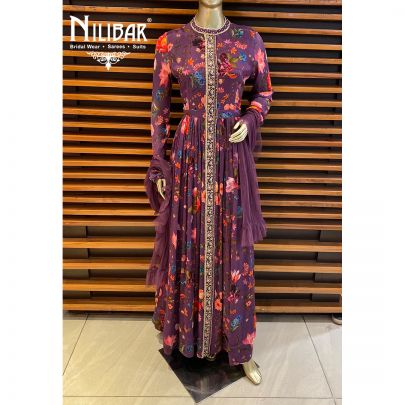 Violet Chinon and Net Floral Anarkali Suit