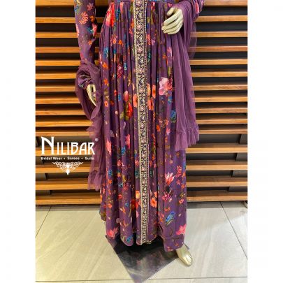 Violet Chinon and Net Floral Anarkali Suit