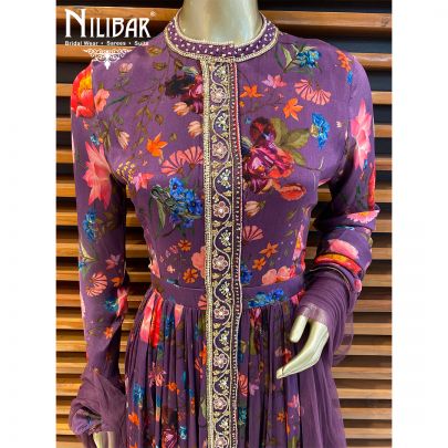 Violet Chinon and Net Floral Anarkali Suit