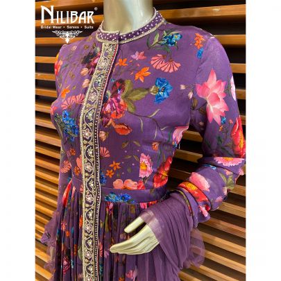 Violet Chinon and Net Floral Anarkali Suit
