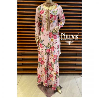 Baby Pink Silk and Net Floral Palazzo Suit