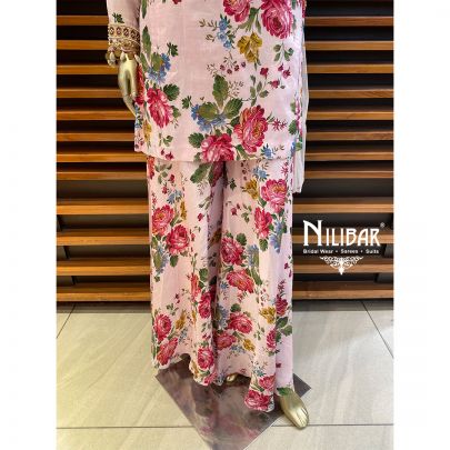 Baby Pink Silk and Net Floral Palazzo Suit