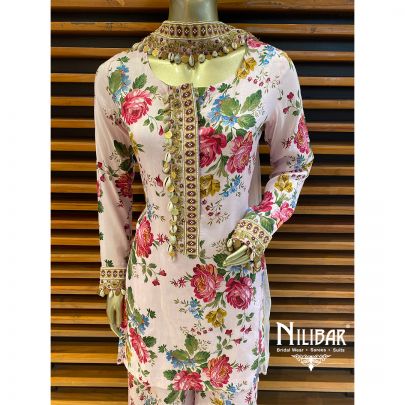 Baby Pink Silk and Net Floral Palazzo Suit