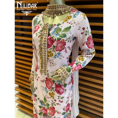Baby Pink Silk and Net Floral Palazzo Suit