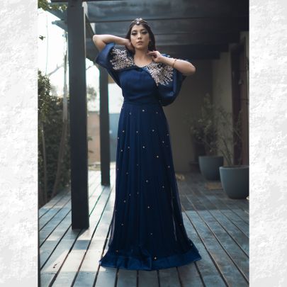 Navy Blue Cape Style Dress
