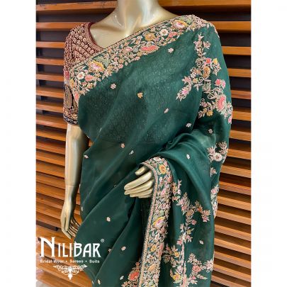 Bottle Green Organza Bridal Saree