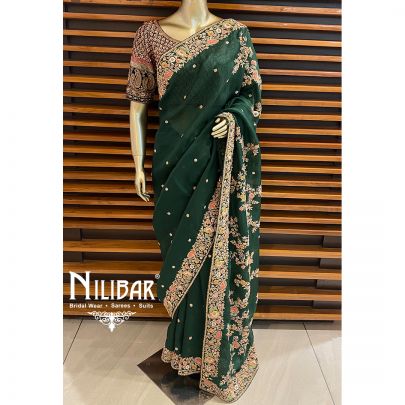 Bottle Green Organza Bridal Saree
