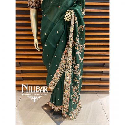 Bottle Green Organza Bridal Saree