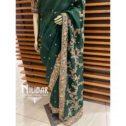 Bottle Green Organza Bridal Saree