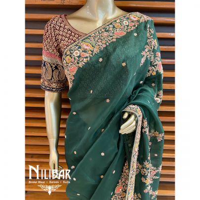 Bottle Green Organza Bridal Saree
