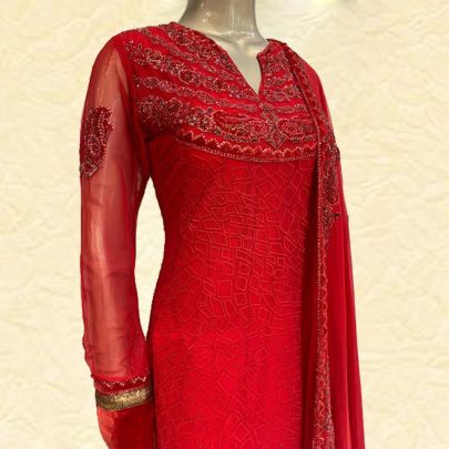 Red Net Anarkali Suit