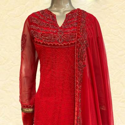 Red Net Anarkali Suit