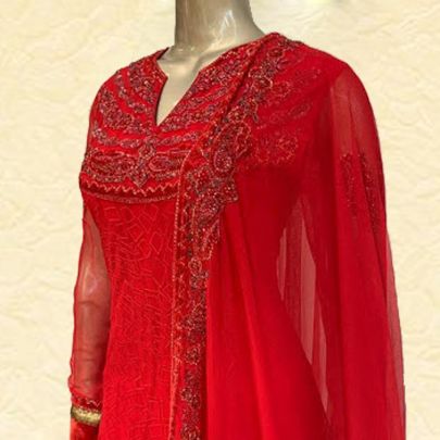 Red Net Anarkali Suit