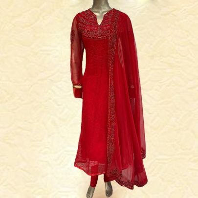 Red Net Anarkali Suit