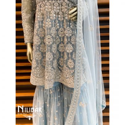 Ice Blue Net Sharara Suit