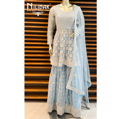 Ice Blue Net Sharara Suit
