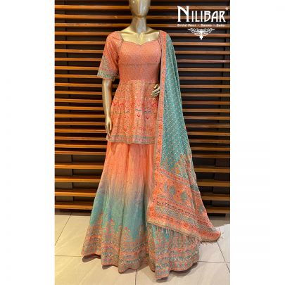Peach and Mint Silk Lehenga
