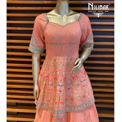 Peach and Mint Silk Lehenga