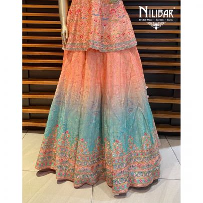 Peach and Mint Silk Lehenga