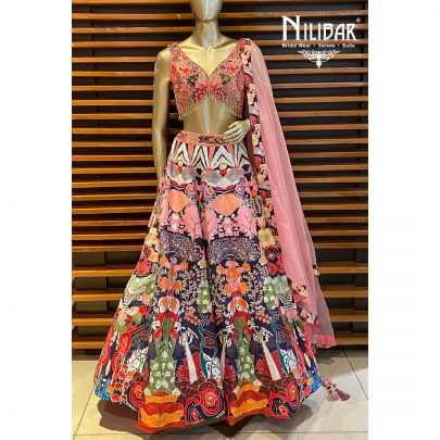 Red and  Multicolored Silk Lehenga