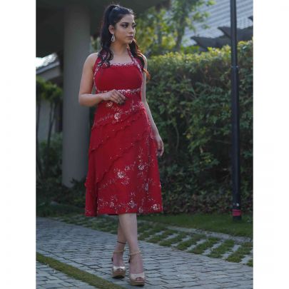 Red Silk Midi  Dress