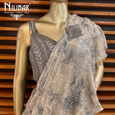 Coin Grey Net Draped Saree