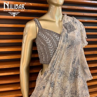 Coin Grey Net Draped Saree