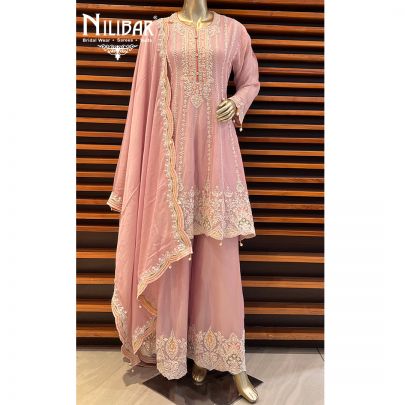 Baby Pink Crepe Long Peplum Suit with Palazzo